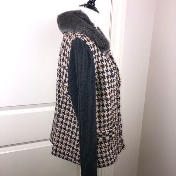 CAbi Houndstooth Mixer Jacket Faux Fur Black Tan - Picture 8 of 16